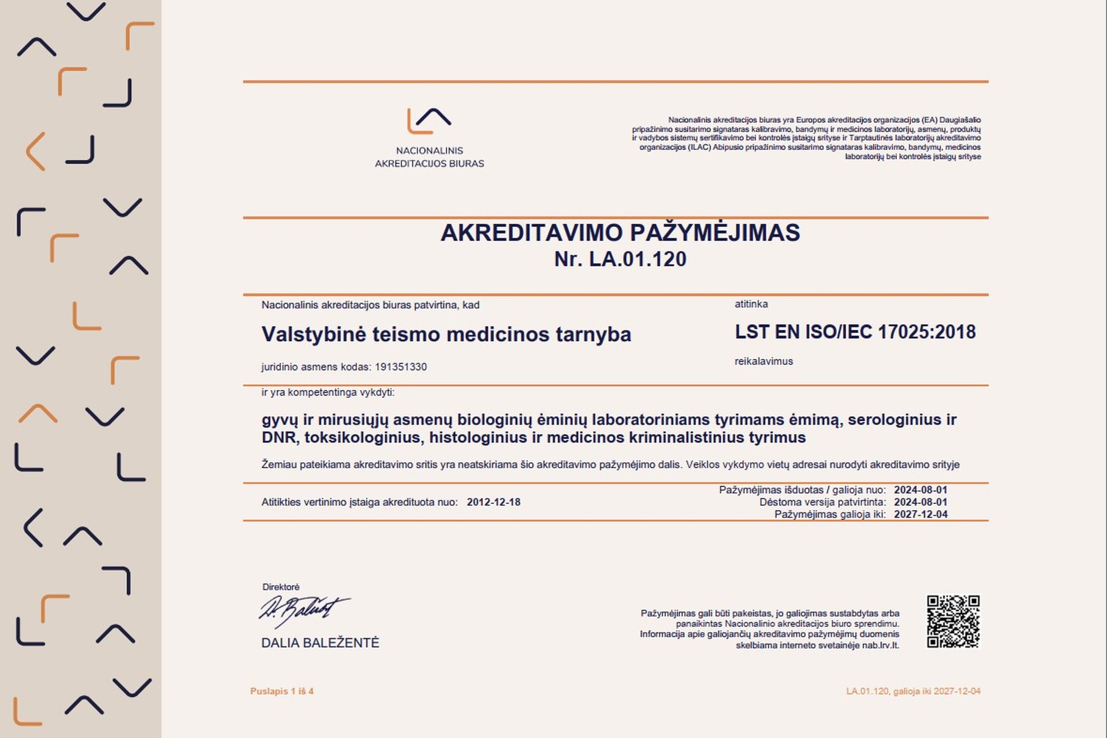 Akreditavimo pažymėjimas Nr. LA.01.120_2024-08-01