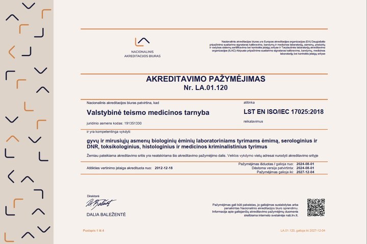 Akreditavimo pažymėjimas Nr. LA.01.120_2024-08-01