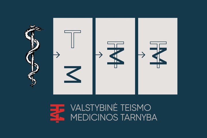 VTMT logotipas, kuriuo siekiama pabrėžti pagrindinę Tarnybos misiją: mokslu grįstomis teismo ekspertizėmis tarnauti teisingumui ir visuomenės saugumui.